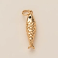 Detailed view of a golden fish pendant featuring textured scales and a black eye detail - No.5 Fish Pendant