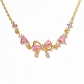 Gouden ketting met roze hart zirkoon en strik hanger voor zoete meisjes stijl sieraad - Gouden Strik Armband