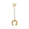 Close-up of golden keychain with white pearls and colorful enamel horseshoe pendant - Horseshoe Pearl