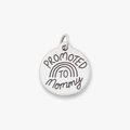 Macro detail of Promoted to Mommy engraved stainless steel round charm with rainbow - Mommy Theme Oval Pendant / Silver