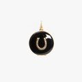 Detail of round gold pendant with black enamel finish and lucky horseshoe motif charms - Black Horseshoe Round Pendant