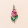 Detail of tulip flower charm with pink petals and green leaves for DIY bag accessories - Pink Tulip Enamel Pendant