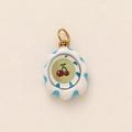 Detailed view of a round cherry charm with blue stripes and gold metal ring attachment - Vintage Round Cherry Charm (Single-Sided Print) / White with Cherries