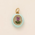 Vintage enamel pendant with purple tulip design in light blue ring for jewelry making - Round Pendant / Blue Edge Purple Bouquet