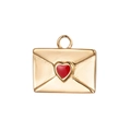 Macro view of a gold 18K plated envelope pendant with a red enamel heart detail - Envelope