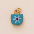 Enamel shield pendant with teal matte finish and light blue flower in gold plating - Light Green White Flower Pendant