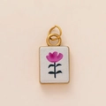 Pendentif rectangulaire plaqué or 18K avec émail blanc et motif de fleur rose élégant - Pendentif Rectangulaire Motif Rose / Rose Clair
