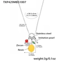 Yellow resin lemon pendant necklace with zircon leaf and imitation pearl on stainless steel chain - 38+5cm / Steel Color Lemon Pendant Necklace