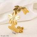 Minimalist 18K gold plated stainless steel open cuff bracelet with layered floral texture - Clustered Flowers Design (Y03) / Gold