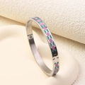 Silberner Edelstahl-Armreif mit rosa und blaugrünem Emaille-Rautenmuster-Dekor - 6mm Emaille / Frische Minze (A697)