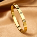 Macro detail of 18K gold plated stainless steel bracelet with clover diamond inlay - Four-Leaf Clover Zirconia Style (A461) / Gold