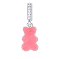 Pink gummy bear charm with frosted sugar texture and sparkling silver CZ pendant loop - Pink Bear Silver Rhinestone Clasp Pendant