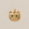 Gouden kattenkop hanger met groene edelstenen ogen en hartneus voor sieraden maken - Katten hanger