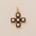 Cross pendant in gold metal featuring white pearls and black gemstones for jewelry DIY - Five White Pearl Cross