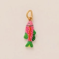 Pink enamel fish charm with colorful wave patterns and a gold-plated metal ring loop - Pink Long Fish