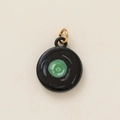 Artistic round ceramic pendant with black finish and sparkling green center detail - Vinyl Record (Black & Green)