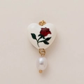 Pendentif cœur plaqué or 18K avec motif rose rouge et perle blanche élégante - Pendentif Coeur Fleur de Juin
