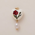Pendentif cœur en céramique blanche avec motif fleur rouge et perle élégante - Pendentif Coeur Fleur d'Août