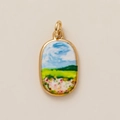 Oval gold plated ceramic pendant featuring a hand-painted landscape and nature scene - Blue Sky Landscape Pendant