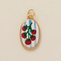 Gold oval charm with hand-painted red tomato pattern on blue and white stripes - Tomato Vine Pendant