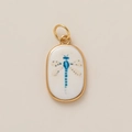 Oval gold plated charm with white ceramic inlay and artistic blue dragonfly pattern - Dragonfly Pendant