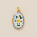 Vintage oval gold pendant with blue polka dot ceramic background and floral motif - Gardenia Pendant
