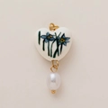 Vintage heart flower ceramic pendant with pearl drop in 18K gold plated finish - December Birth Flower Heart Pendant