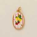 Gold-plated oval pendant with pink stripes and hand-painted fruit pattern for DIY jewelry - Lemon Strawberry Pendant
