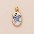 Vintage oval gold-plated pendant with blue bird and red flower enamel on white ceramic - Swallow Pendant