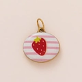 Round 18K gold plated pendant featuring a red strawberry design on pink striped base - Round Pink White Stripe Pendant (Single-Sided Print) / Pink White Stripe Strawberry