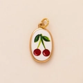 Oval gold-plated pendant with white enamel and hand-painted red cherries motif - Cherry Pendant