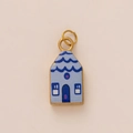 Enameled house pendant with gold trim and blue patterns for DIY jewelry making - Lilac Playful House Style