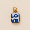 Vintage rectangle 18K gold-plated pendant with blue LOVE text on white enamel surface - Square LOVE Pendant