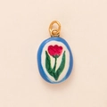 Oval ceramic pendant with hand-painted red tulip flower and gold jump ring - Pink Flower Pendant