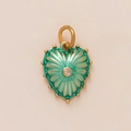 Vintage gold heart pendant with green enamel, sunburst texture and center crystal - Green Heart Enamel Pendant