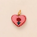 Pink heart-shaped pendant with red rose pattern and golden metal loop accessory - 9-Pink Heart Rose