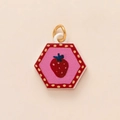 Pink hexagonal strawberry pendant with red borders and golden metal ring connector - Hexagonal Strawberry Pendant