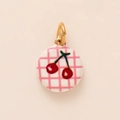 Pendentif rond à carreaux rose et blanc avec motif cerise et anneau doré - Pendentif Cerise Rond