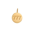 Detailed macro view of 18K gold plated stainless steel round pendant with 777 engraving - 777 Luck Number Charm