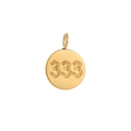 Close-up of 18K gold plated circular 333 angel number pendant with embossed details - 333