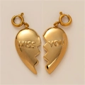 Golden MISS YOU heart-shaped split pendant charms in polished 18K gold plating - Cracked Heart Pendants (Pair)