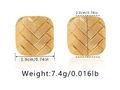 Detailed view of square gold-plated stud earrings with woven texture and size specs - Woven Texture Square (KE1018)