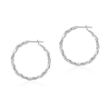 Macro detail of large silver hoop earrings featuring a unique twisted geometric design - Silver Geometric Wavy Style (KE0997-5)