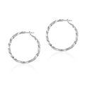 Close-up of geometric textured silver hoop earrings with diamond-cut metal facets - Silver Twisted Faceted Style (KE0997-3)