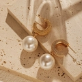 Vintage 18K gold plated C-shape hoop earrings with large lustrous white shell pearls - 18K Gold / Woven Texture C-Shape Buckle Pearl Style (KE1123)