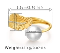 Gold open leaf bracelet featuring detailed feather patterns and large white pearls - Gold Feather Rhinestone Pearl Large (SZ60476)