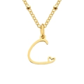 Gold letter C pendant necklace with hollow heart detail and bead accent chain - Letter C / Gold