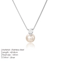 Silver stainless steel box chain necklace with 10mm pink pearl and zircon pendant - Steel