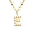 Gold stainless steel beaded necklace featuring a white pearl-encrusted letter E pendant - Letter E - Gold