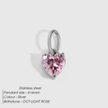 Silver stainless steel heart-shaped pendant with light pink zircon 6mm charm - October Pink